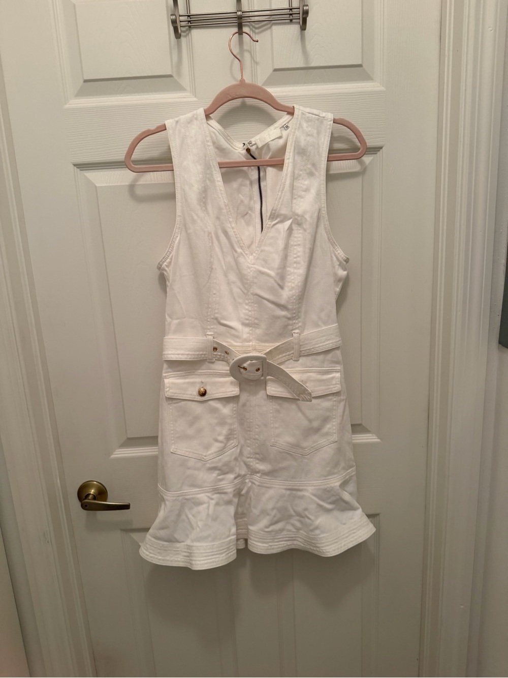 7 For All Mankind White Sleeveless V-Neck Belted Mini Dress